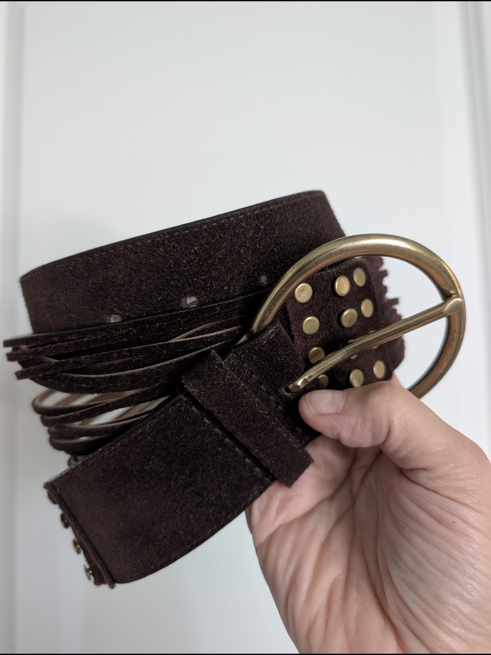 Y2K Dark Brown Suede Fringe Studded Belt Brass Buckle Size L XL Boho Western 40"